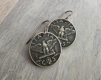 Antique Italy 5 Centesimi, Old Coin Earrings, Solid Brass Ear Wires, Wheat Sheaf, Handmade Jewelry Made in USA by E. Ria Designs, Gift Boxed