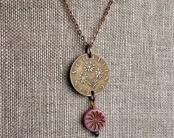 Vintage Austrian Ein Schilling Flower Coin Necklace, Czech Glass Zinnia Pink Bead, Red Brass Cable Chain, Gift for Gardener, Handmade in USA