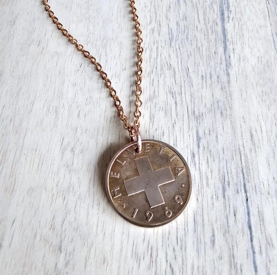 1969 Swiss Cross Coin Necklace, Switzerland (helvetia) Vintage
