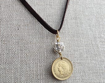 Vintage Argentina Coin Necklace, Brown Leather Cord, Rhinestone Bead, Gift Boxed, Made in USA