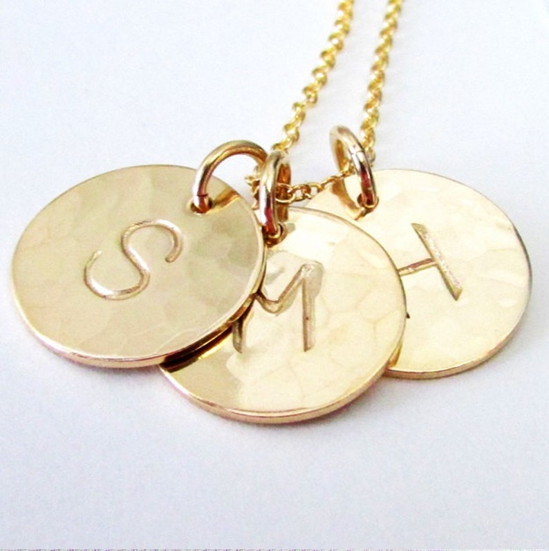 Hammered Gold Initial Necklace 1, 2, or 3 14K Gold Filled Charm Jewelry Hand Stamped Engraved Gold Letters by E. Ria Designs image 2