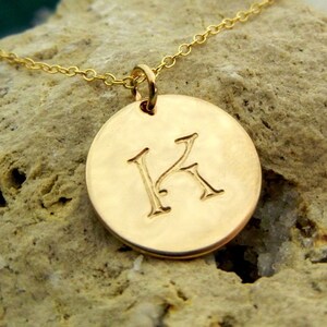 Gold Initial Necklace, Single Hand Stamped Gold Charm Necklace Handmade by E. Ria Designs in USA, 14K Gold Filled, Gift Boxed
