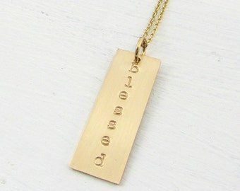 Gold Bar Necklace | Custom Gold Name Plate | Gold Name Necklace | 14K GF | Gold Fill | Custom Charm | Hand Stamped | BROOKE | E Ria Designs