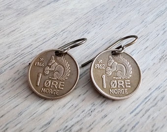 Norway Squirrel Coin Earrings, Solid Brass Ear Wires, Handmade Jewelry Made in USA by E. Ria Designs, Gift Boxed