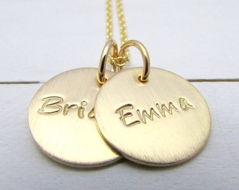 Gold Name Necklace, Hand Stamped Gold Filled Two Charm Letter Necklace CATHERINE DUO by E. Ria Designs