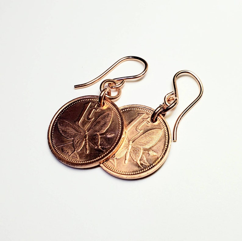Butterfly Coin Earrings, Copper, 14K Rose Gold Filled Ear Wires, Papua New Guinea 1987 Coin Jewelry 7th Anniversary Gift By E. Ria Designs image 5