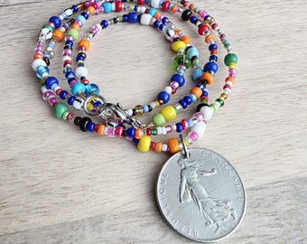 Genuine French Coin Necklace, Old France 1 Franc, Mixed Color Seed Bead Necklace, Made in USA, E. Ria Designs
