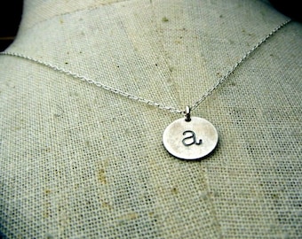 Rustic Oxidized Lowercase Initial Necklace, Hand Stamped Artisan Made Charm, Choose Your Finish E. Ria Designs