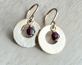 Hammered Gold Earrings Handmade with Genuine Garnet Beads, 14K Gold Filled Ear Wires Made in USA Gift Boxed E. Ria Designs