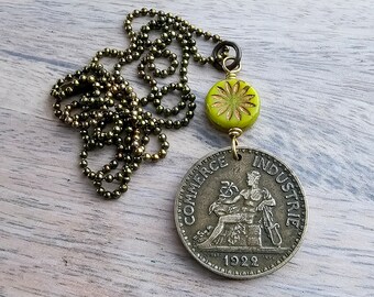 1922 Two Francs French Coin Necklace, Made from Genuine Coin from France, Chartreuse Green Czech Glass Zinnia Flower Bead, Made in USA