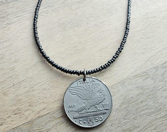 Vintage Italy Coin Necklace, Italia 50 Centesimi, Hand Beaded Shiny Black Chain, 1940, Gift Boxed, Handmade in USA, E. Ria Designs