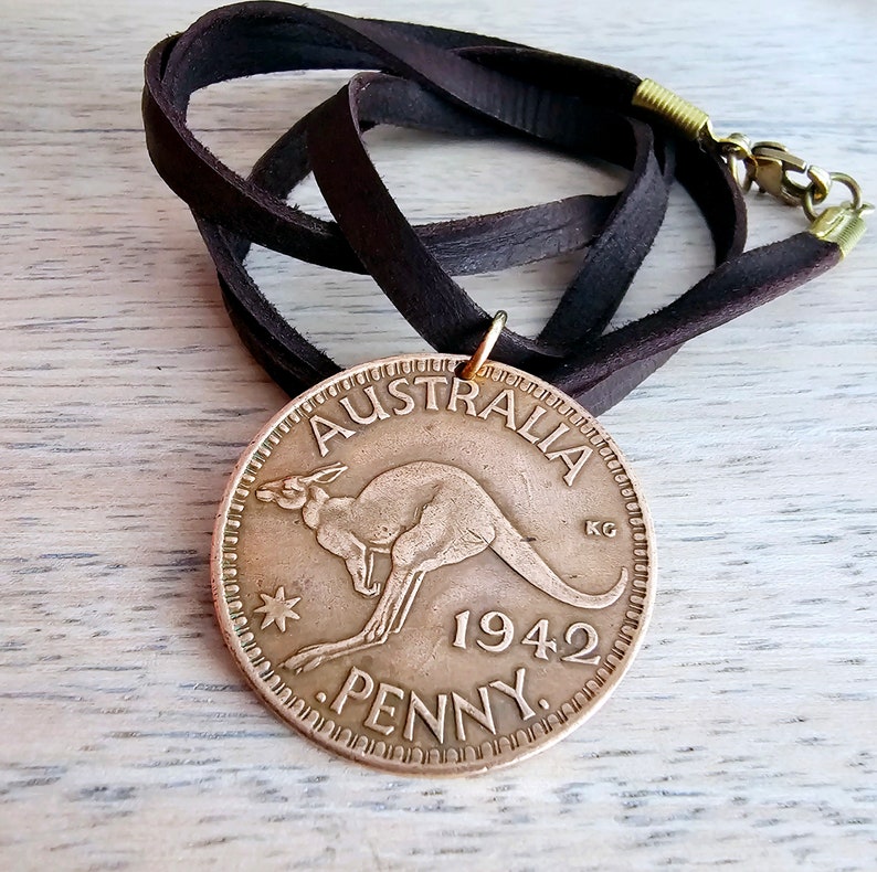 Vintage Australia Coin Necklace, Kangaroo Penny, King George, Brown Leather Cord Chain, 24 Inches, Made in USA by E. Ria Designs, Gift Boxed image 6