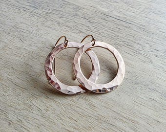 Hammered 14K Rose Gold Filled Hoop Earrings, Artisan French Ear Wires, 1 Inch