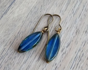 Blue Czech Glass Earrings, Antiqued (Oxidized) U.S. Made Brass Ear Wires, Marquis Navy Blue Beads, Gift Boxed, Made in USA, Eriadesigns