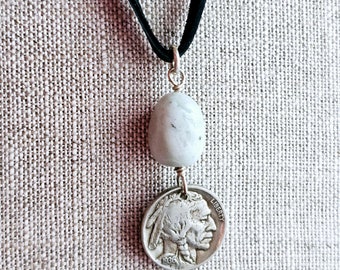 1936 Buffalo Nickel Leather Necklace, Amazonite Nugget Gemstone Charm, Native American Charm Jewelry Sterling Silver Handmade E. Ria Designs