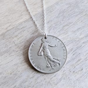 Vintage French Coin Necklace, 925 Sterling Silver Chain, 1 Franc Sower, Woman, Sunrise, Old France Currency, Made in USA, E. Ria Designs