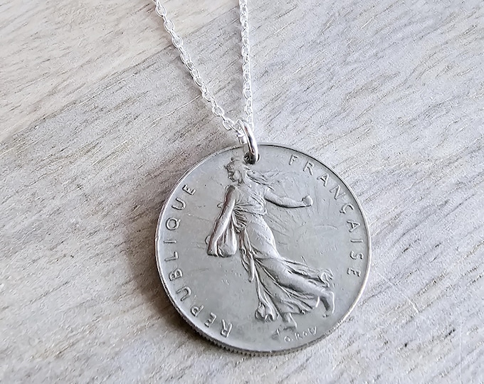 Vintage French Coin Necklace, 925 Sterling Silver Chain, 1 Franc Sower, Woman, Sunrise, Old France Currency, Made in USA, E. Ria Designs