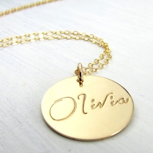 Gold Name Necklace | Gold Script Font Name Charm Necklace | Name Necklace | Hand Stamped Personalized Custom Charm | OLIVIA ERiaDesigns