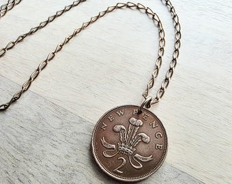 1971 Vintage British New Pence Coin Necklace, Great Britain, England, Queen Elizabeth II, Brass Curb Chain Gift Boxed Jewelry, Made in USA