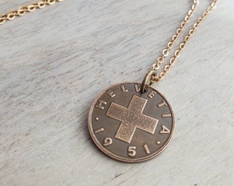 1951 Swiss Cross Coin Necklace, Switzerland (Helvetia) Vintage Coin Jewelry, Handmade by E. Ria Designs in USA, Number 2, Wheat Motif