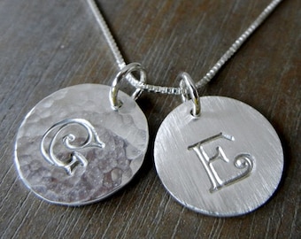 Two-Charm Sterling Silver Personalized Initial Necklace, Handmade in USA by E. Ria Designs, Custom Made Hammered Silver Letter Charms