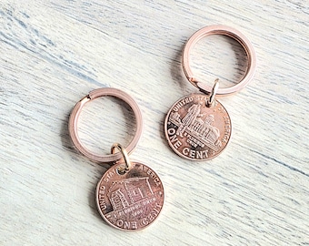 Lucky Penny Keyring, Copper Split Ring, 2009 U.S. Copper Penny Abraham Lincoln, Log Cabin, Illinois State Capitol