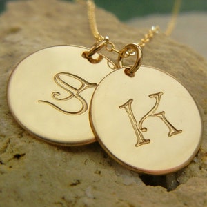 Gold Initial Necklace, Two Charms, Double Initial Pendants, 14K GF, Dot Duo, By E. Ria Designs image 3