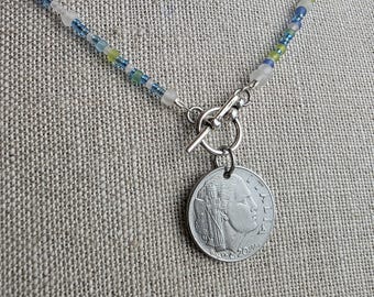 Sea Glass Style Beaded Coin Necklace, Italy Genuine Coin 20 Centesimi, Pewter Toggle, Beach Necklace Gift Box Handcrafted USA E. Ria Designs