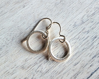 14K Gold Filled, Brushed Little Gold Hoop Earrings, Hand Crafted Artisan Earrings, French Ear Wires, Made in USA by E. Ria Designs, Gift Box