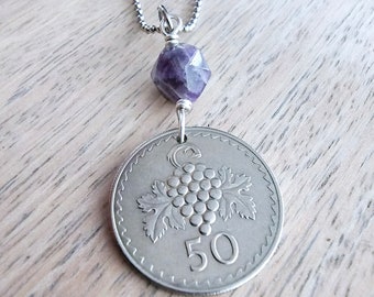 1963 Cyprus Grape Coin, 50 Mil, Genuine Amethyst Bead, Stainless Steel Ball Chain, Gift Boxed, Handcrafted Jewelry, E. Ria Designs