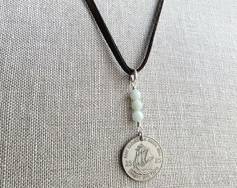 Vintage Caribbean Ship Coin Necklace, Brown Leather Cord, Amazonite Beads, 925 Sterling Silver, Gift for Sailor