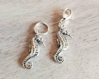 Solid .925 Sterling Silver Seahorse Charm, 3-Dimensional, Add to Bracelet or Necklace, Lobster Clasp Optional, E. Ria Designs