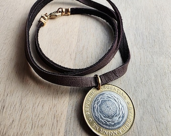 2015 Argentina Coin Necklace, Bi-Metal Sun 2 Pesos, Brown Leather Cord Chain, 24 In., Bronze Clasp, Made in USA by E. Ria Designs, Gift Box