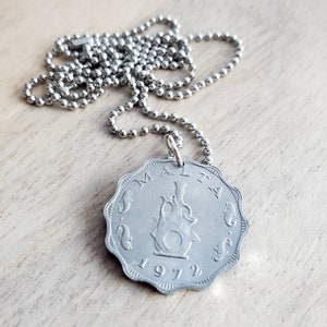 1972 Water Jug Malta Coin Necklace, Scalloped 5 Mils Coin, Stainless Steel Ball Chain, Gift Boxed Made in USA by E. Ria Designs