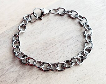 Chunky Silver Charm Bracelet, Stainless Steel Cable Links, Lobster Claw Clasp, Made in USA, Handcrafted by E. Ria Designs