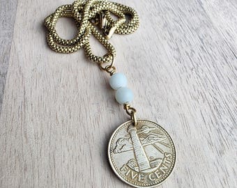 Vintage 1998 Barbados Lighthouse Coin Necklace, Brass Box Chain, Amazonite Beads, Gift Boxed, Made in USA, E. Ria Designs