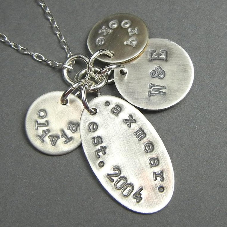 Silver Family Necklace | Custom Name Charms | Hand Stamped Personalized ...