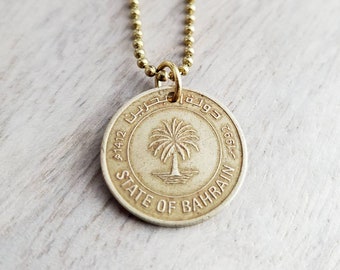 State of Bahrain Brass Palm Tree Coin Necklace, Ball Chain, Tropical Beach Necklace, 10 Coin, Handcrafted in USA by E. Ria Designs
