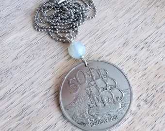 1967 New Zealand Coin Necklace, 50 Cent Coin, Ship, Endeavour, Stainless Steel Ball Chain, Gift Boxed Made in USA by E. Ria Designs