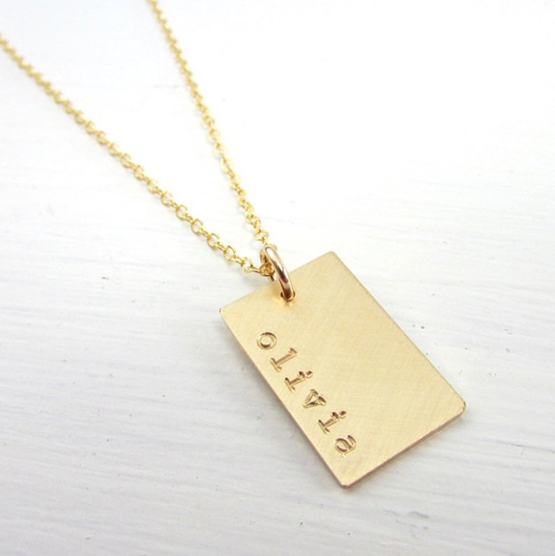 Gold Dog Tag Necklace Personalized Name Charm Hand Stamped Custom E. Ria Designs image 1