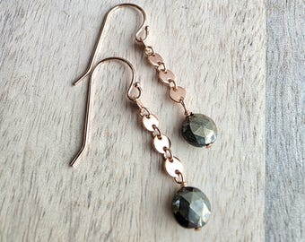 14K Rose Gold Filled Circle Chain Drop Earrings, Faceted Round Pyrite Beads, Gift Boxed, Made in USA, Handcrafted by E. Ria Designs