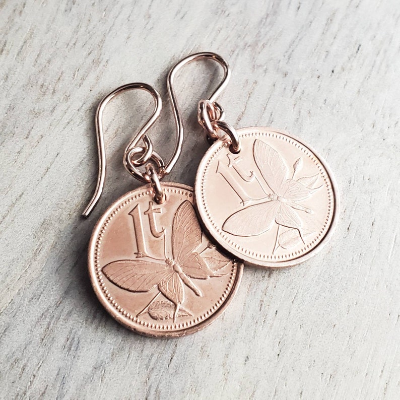 Butterfly Coin Earrings, Copper, 14K Rose Gold Filled Ear Wires, Papua New Guinea 1987 Coin Jewelry 7th Anniversary Gift By E. Ria Designs image 4