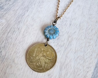 Vintage Gardener Coin Necklace, Czech Glass Blue Flower Bead, Zinnia, Old Czechoslovakia 1 Koruna, Woman, Farmer, Agrarian, Handmade