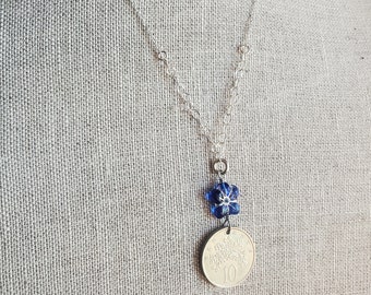 1986 Jamaica Flower 10 Cent Coin Necklace, Cobalt Blue Czech Glass Flower Bead Silver Detail, 925 Sterling Silver Cable Chain, Gift Boxed