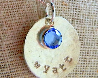 Custom Name PENDANT - GINA Hand Stamped Leaf Finish Sterling Silver Cupped Charm with Bezel Crystal by E. Ria Designs