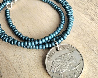 1970 Bermuda Fish Coin Necklace, Dark Peacock Teal Glass Seed Bead Chain, 5 Cents, Gift Boxed, Made in USA