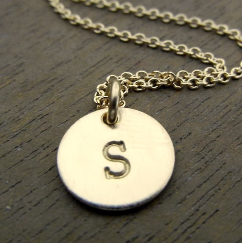 Custom Gold Letter Charm Little Gold Initial Necklace 14K Gold Filled Artisan Made by E Ria Designs Hand Stamped Personalized Jewelry