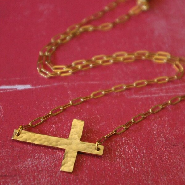 E. Ria Designs OLD RUGGED CROSS Sideways Gold Filled Pendant Necklace READY TO SHIP IN 24 HRS