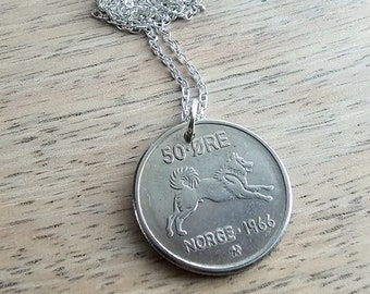 Vintage Norway Dog Coin Necklace, Norwegian 50 Ore, Sterling Silver Cable Chain, Various Dates, Gift Boxed, Handmade in USA, E. Ria Designs