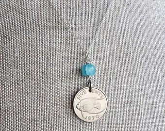 1970 Bermuda Fish Coin Necklace, Aqua Glass Bead, Sterling Silver Chain, Gift Boxed, Birthday or Anniversary Gift, Made in USA, ERiaDesigns